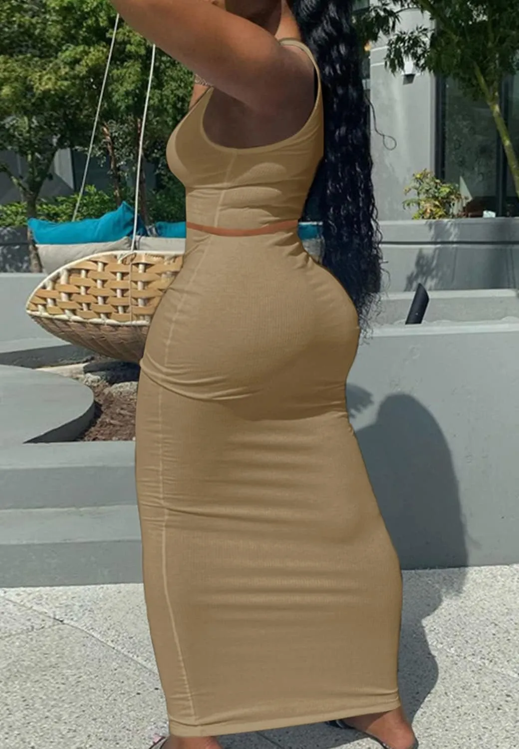 2 Piece Outfit Maxi Dress for Women, Summer Deep U Neck Sleeveless Tank Crop Tops Long Skirt Set Party Bodycon Dresses