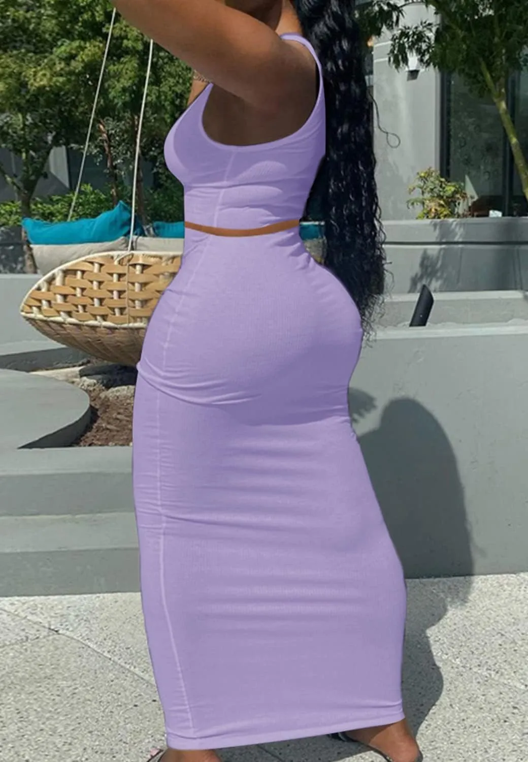 2 Piece Outfit Maxi Dress for Women, Summer Deep U Neck Sleeveless Tank Crop Tops Long Skirt Set Party Bodycon Dresses