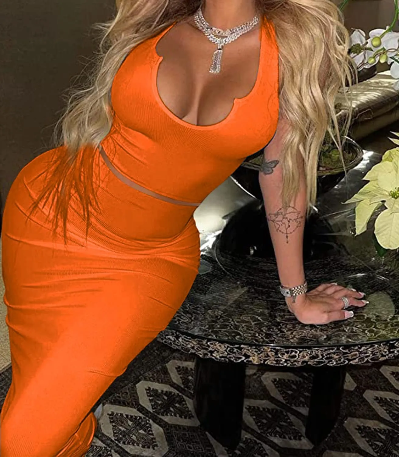 2 Piece Outfit Maxi Dress for Women, Summer Deep U Neck Sleeveless Tank Crop Tops Long Skirt Set Party Bodycon Dresses