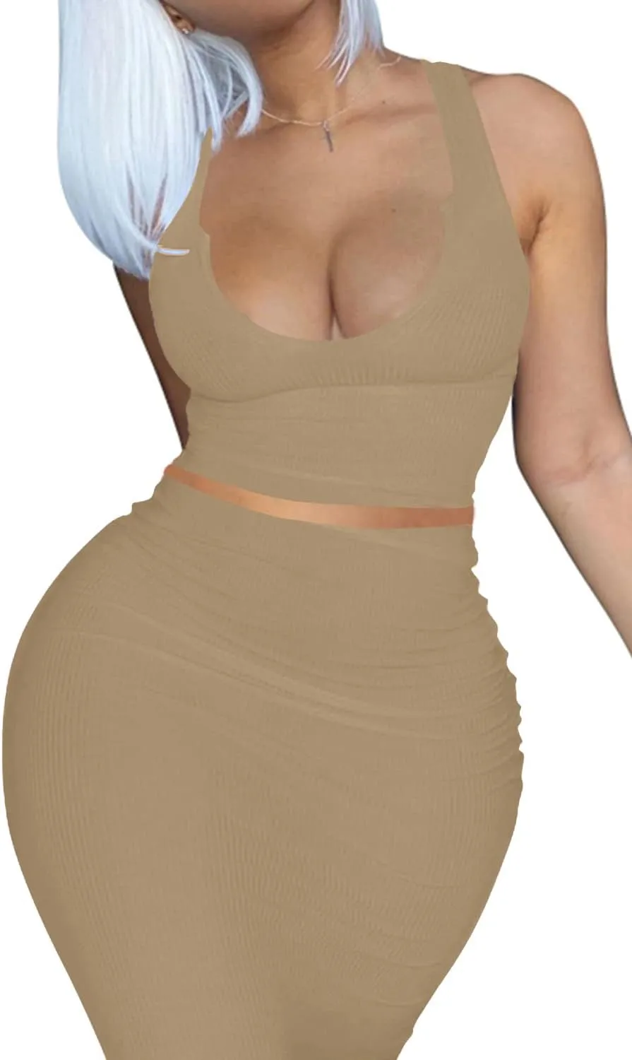 2 Piece Outfit Maxi Dress for Women, Summer Deep U Neck Sleeveless Tank Crop Tops Long Skirt Set Party Bodycon Dresses