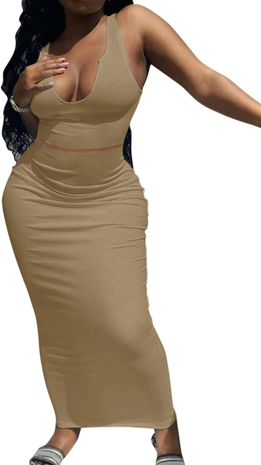 2 Piece Outfit Maxi Dress for Women, Summer Deep U Neck Sleeveless Tank Crop Tops Long Skirt Set Party Bodycon Dresses