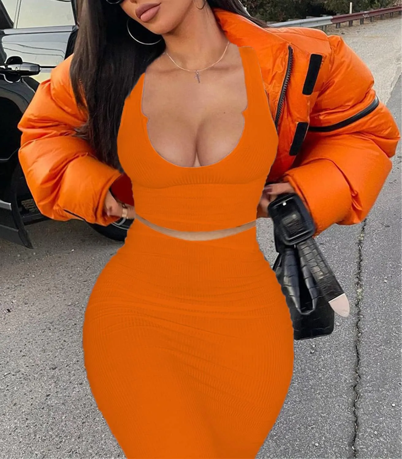2 Piece Outfit Maxi Dress for Women, Summer Deep U Neck Sleeveless Tank Crop Tops Long Skirt Set Party Bodycon Dresses