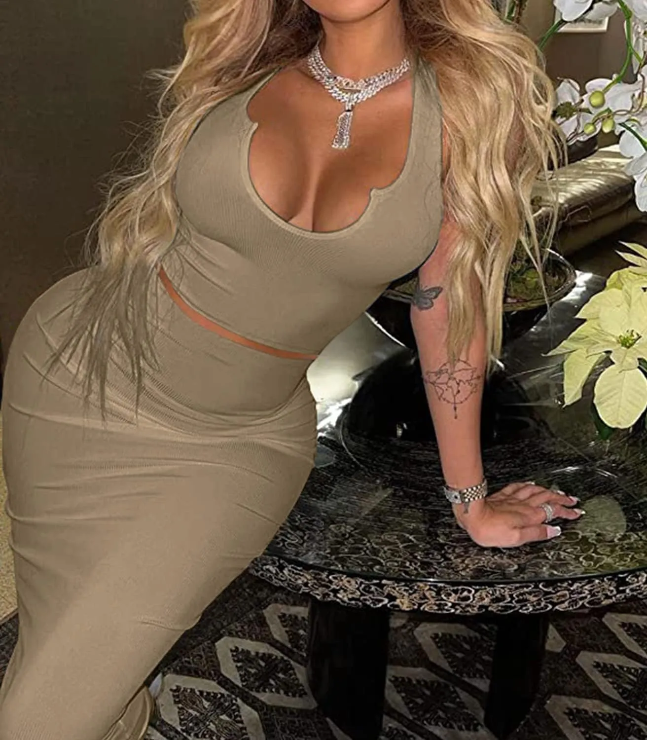 2 Piece Outfit Maxi Dress for Women, Summer Deep U Neck Sleeveless Tank Crop Tops Long Skirt Set Party Bodycon Dresses