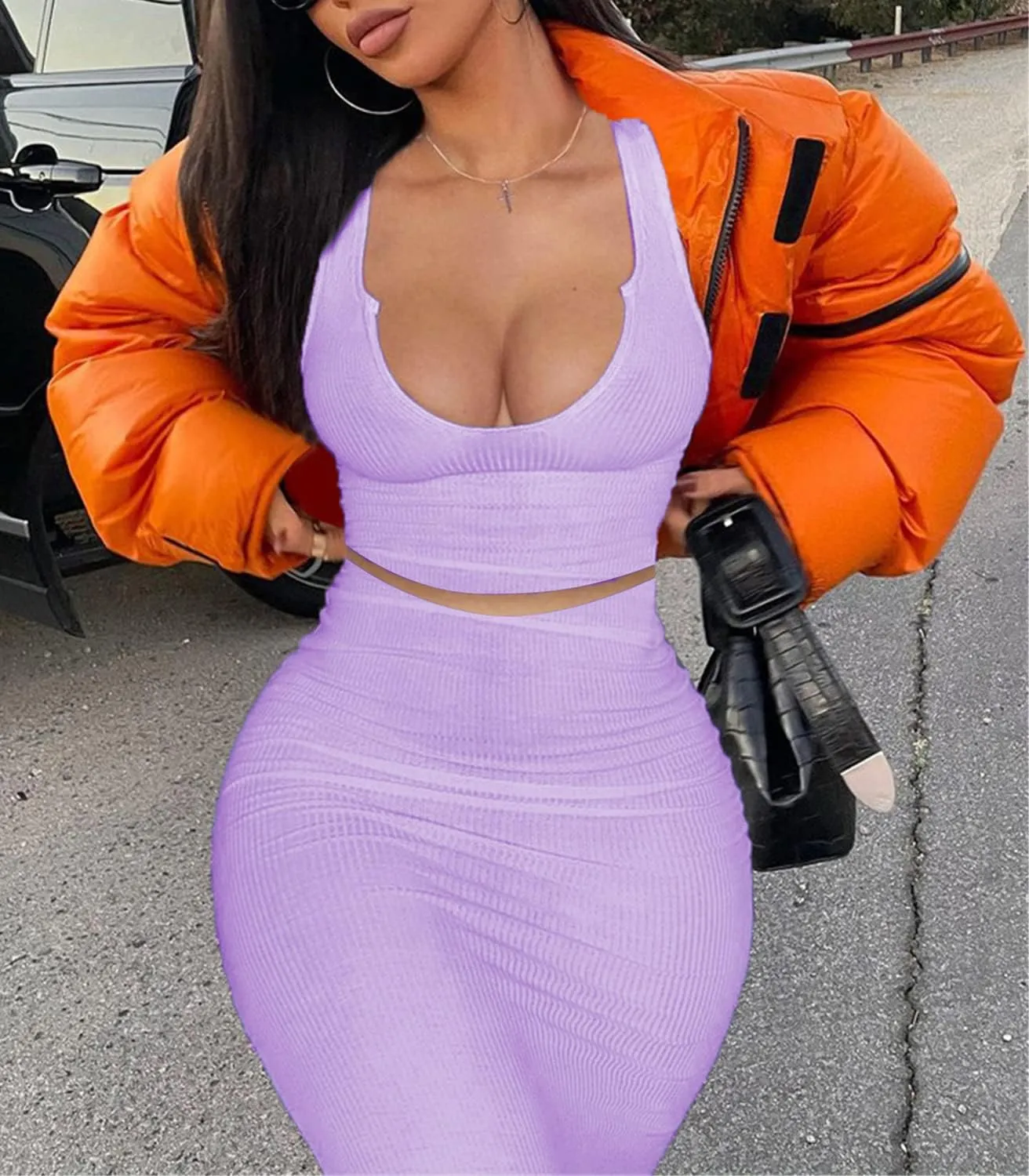 2 Piece Outfit Maxi Dress for Women, Summer Deep U Neck Sleeveless Tank Crop Tops Long Skirt Set Party Bodycon Dresses