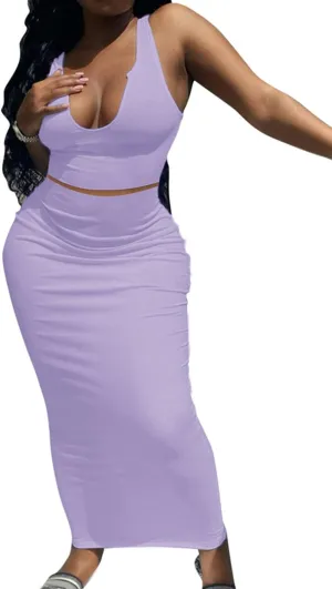 2 Piece Outfit Maxi Dress for Women, Summer Deep U Neck Sleeveless Tank Crop Tops Long Skirt Set Party Bodycon Dresses