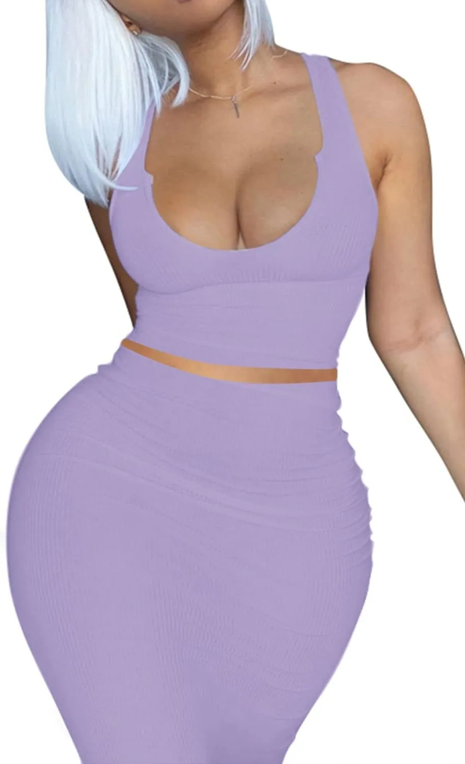 2 Piece Outfit Maxi Dress for Women, Summer Deep U Neck Sleeveless Tank Crop Tops Long Skirt Set Party Bodycon Dresses