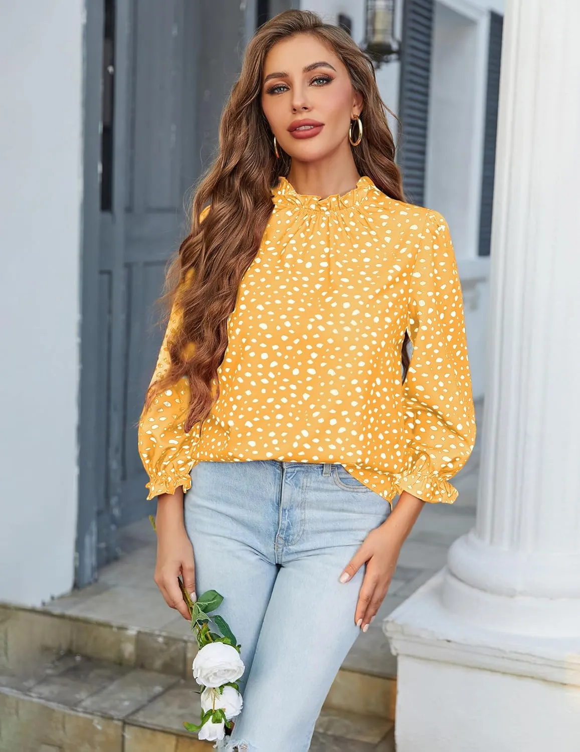 3/4 Length Sleeve Womens Tops Long Blouses for Women Mock Neck Spring Tops Fashion Shirts Dressy Casual