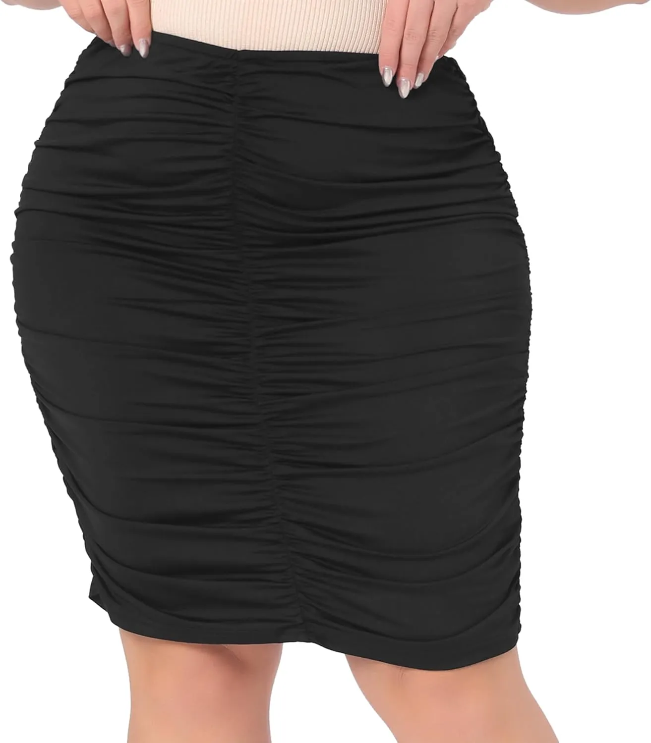 Agnes Orinda Women's Plus Size Skirts Elastic High Waist Ruched Bodycon Stretch Elegant Pencil Midi Skirt