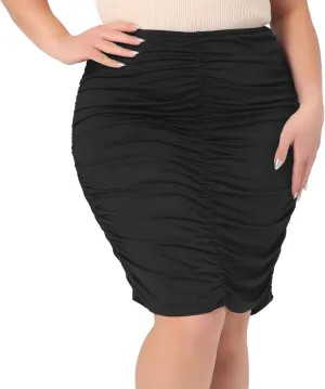 Agnes Orinda Women's Plus Size Skirts Elastic High Waist Ruched Bodycon Stretch Elegant Pencil Midi Skirt