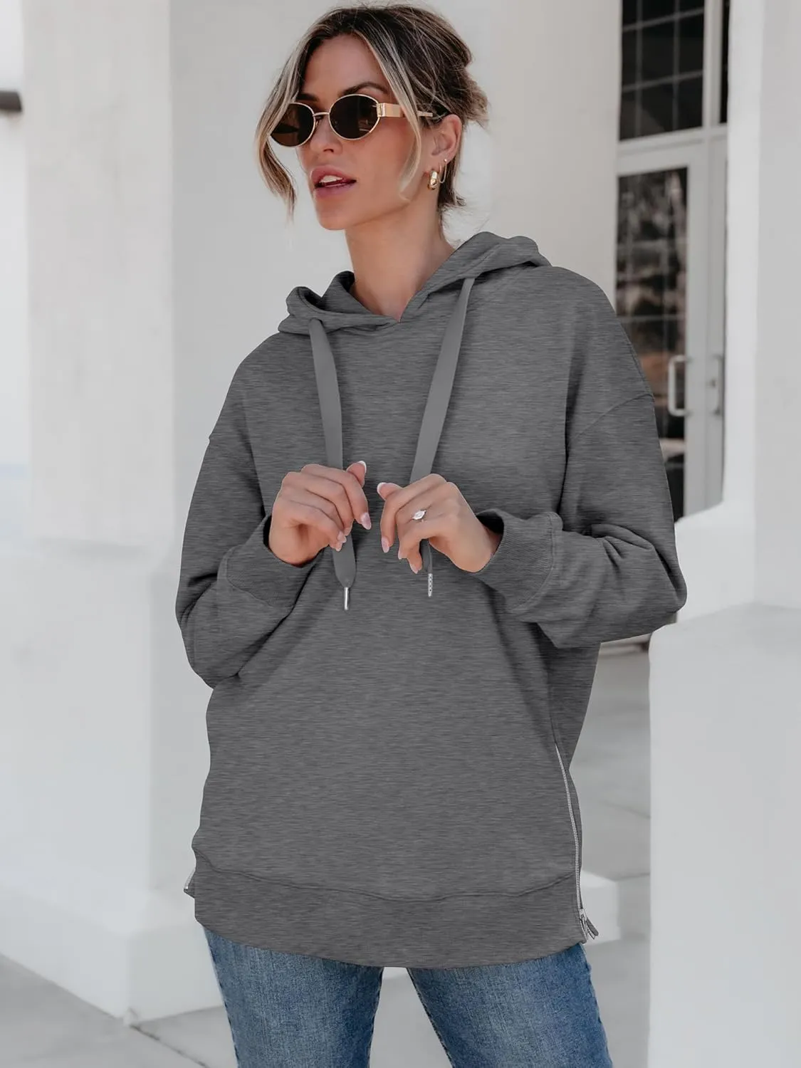 ANRABESS Women Oversized Hoodies Side Zipper Fleece Long Sweatshirts Lightweight Tunic Pullover 2025 Fall Trendy Clothes