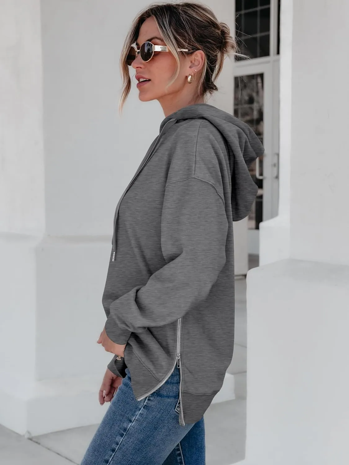 ANRABESS Women Oversized Hoodies Side Zipper Fleece Long Sweatshirts Lightweight Tunic Pullover 2025 Fall Trendy Clothes