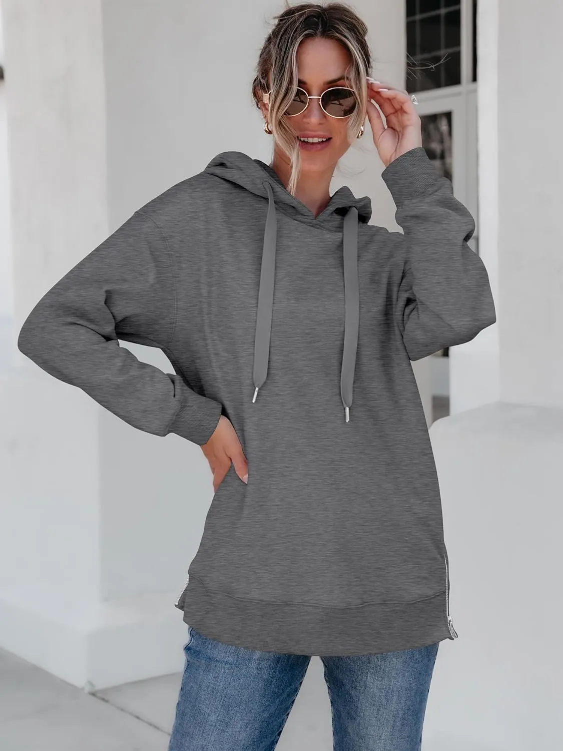 ANRABESS Women Oversized Hoodies Side Zipper Fleece Long Sweatshirts Lightweight Tunic Pullover 2025 Fall Trendy Clothes