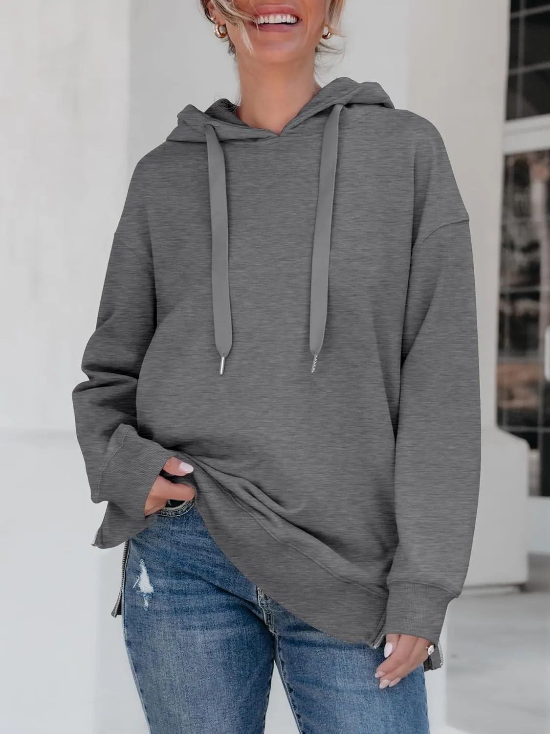 ANRABESS Women Oversized Hoodies Side Zipper Fleece Long Sweatshirts Lightweight Tunic Pullover 2025 Fall Trendy Clothes