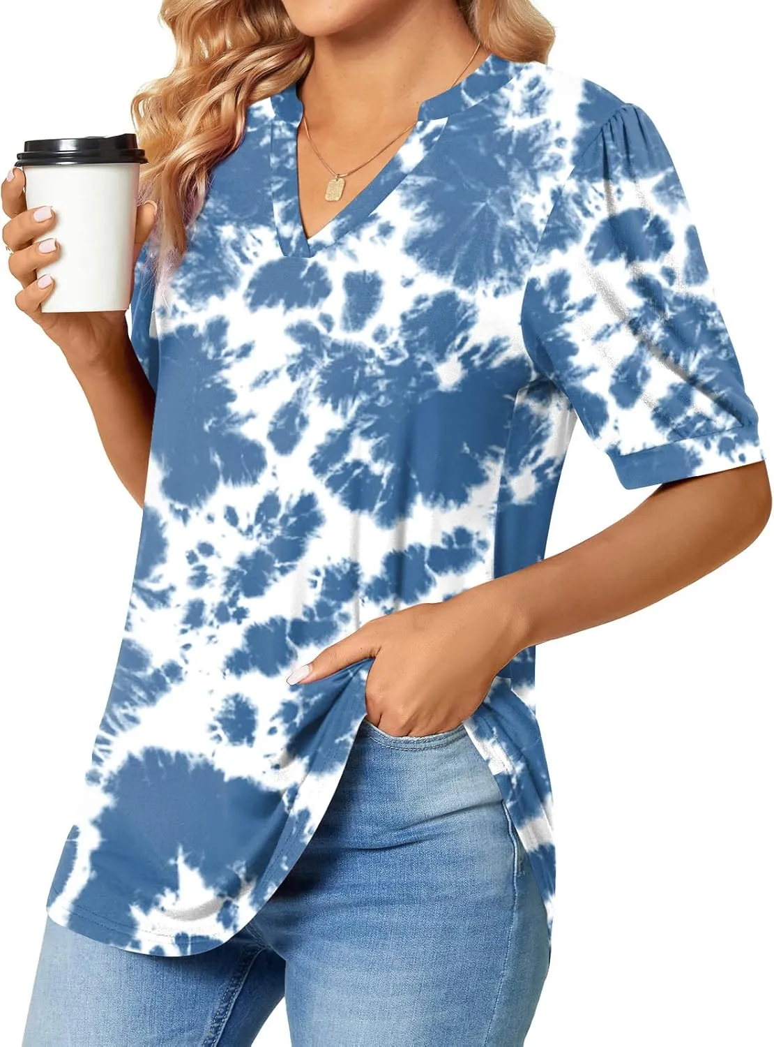 Anyally Womens Summer/Spring Puff Short Sleeve Tops Dressy Casual V-Neck T-Shirts Cute Blouse for Work