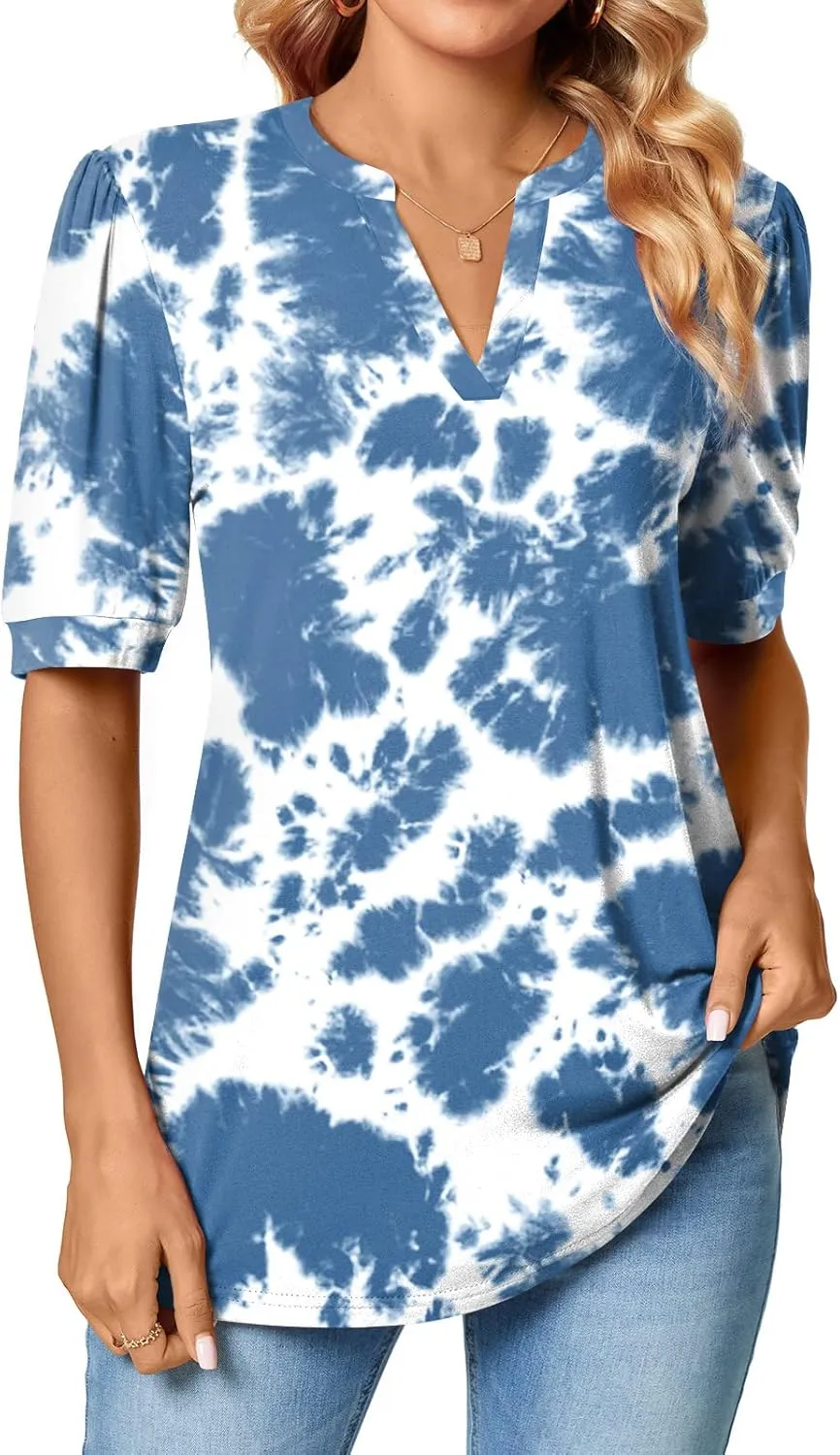 Anyally Womens Summer/Spring Puff Short Sleeve Tops Dressy Casual V-Neck T-Shirts Cute Blouse for Work