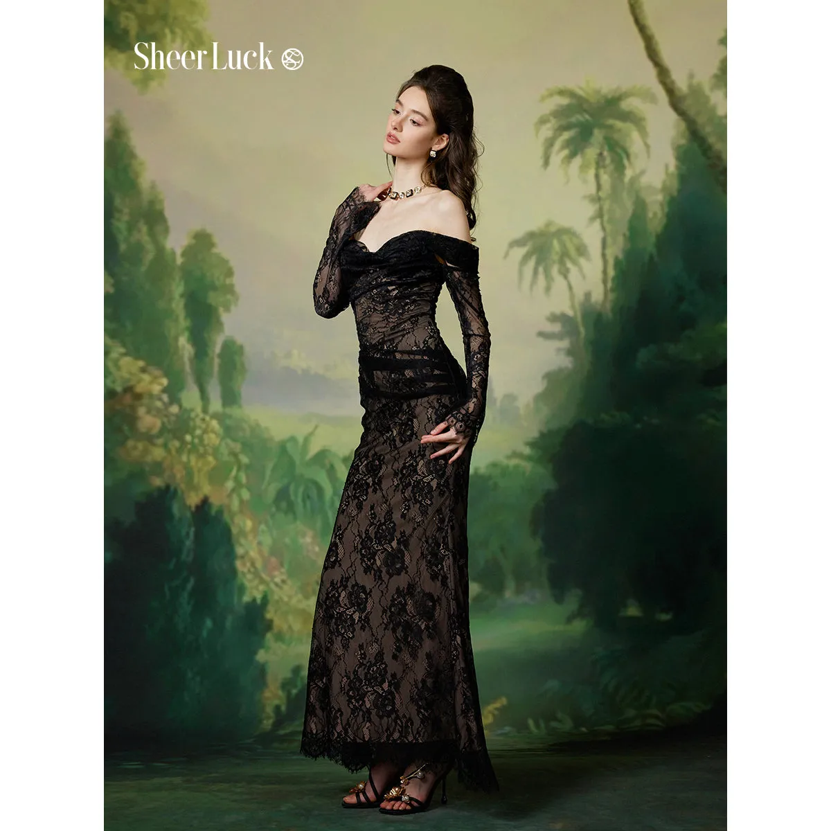 ARIEL Mesh Off-shoulder Maxi Dress