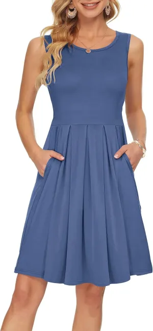 AUSELILY Women's Sleeveless Dresses for Women 2025 Pleated Loose Swing Knee Length Dress with Pockets