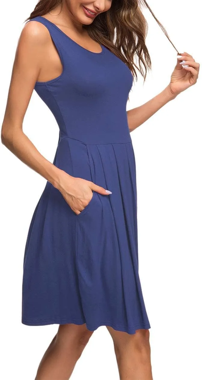 AUSELILY Women's Sleeveless Dresses for Women 2025 Pleated Loose Swing Knee Length Dress with Pockets