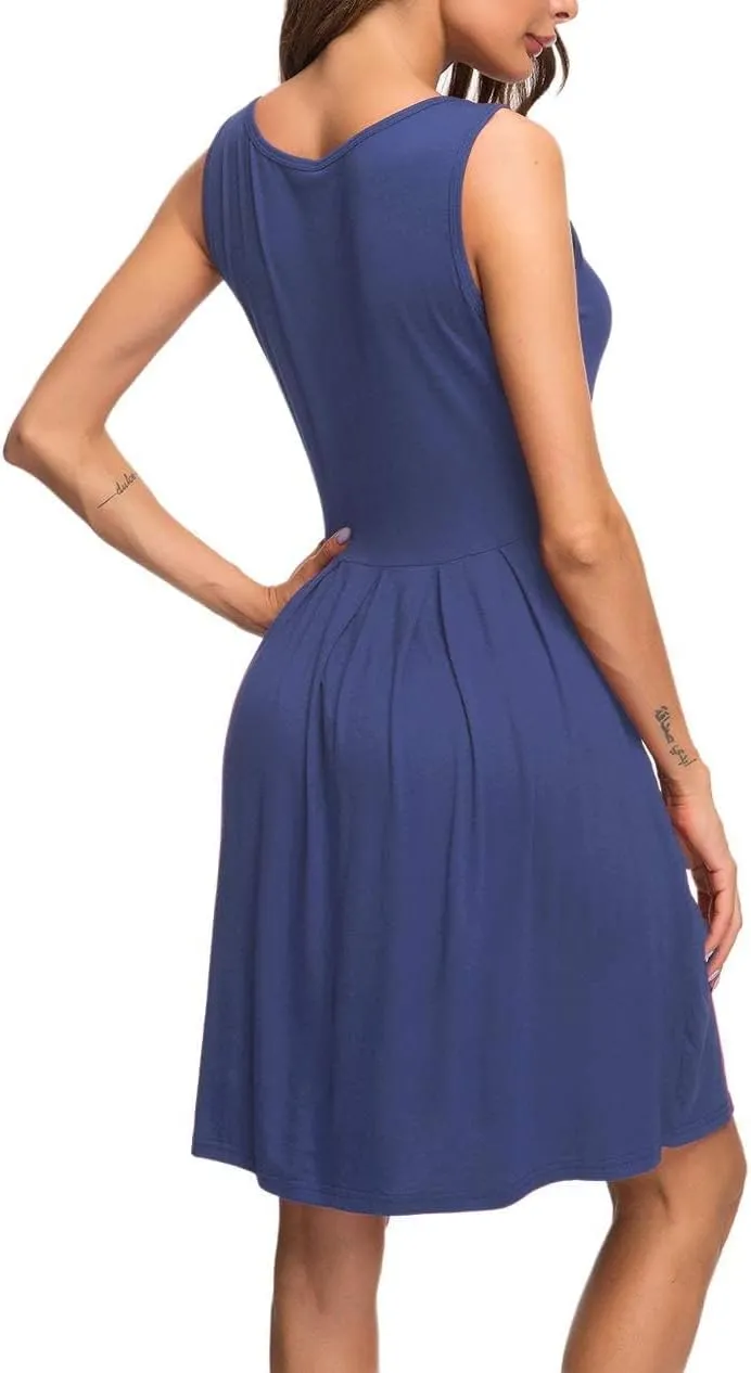AUSELILY Women's Sleeveless Dresses for Women 2025 Pleated Loose Swing Knee Length Dress with Pockets