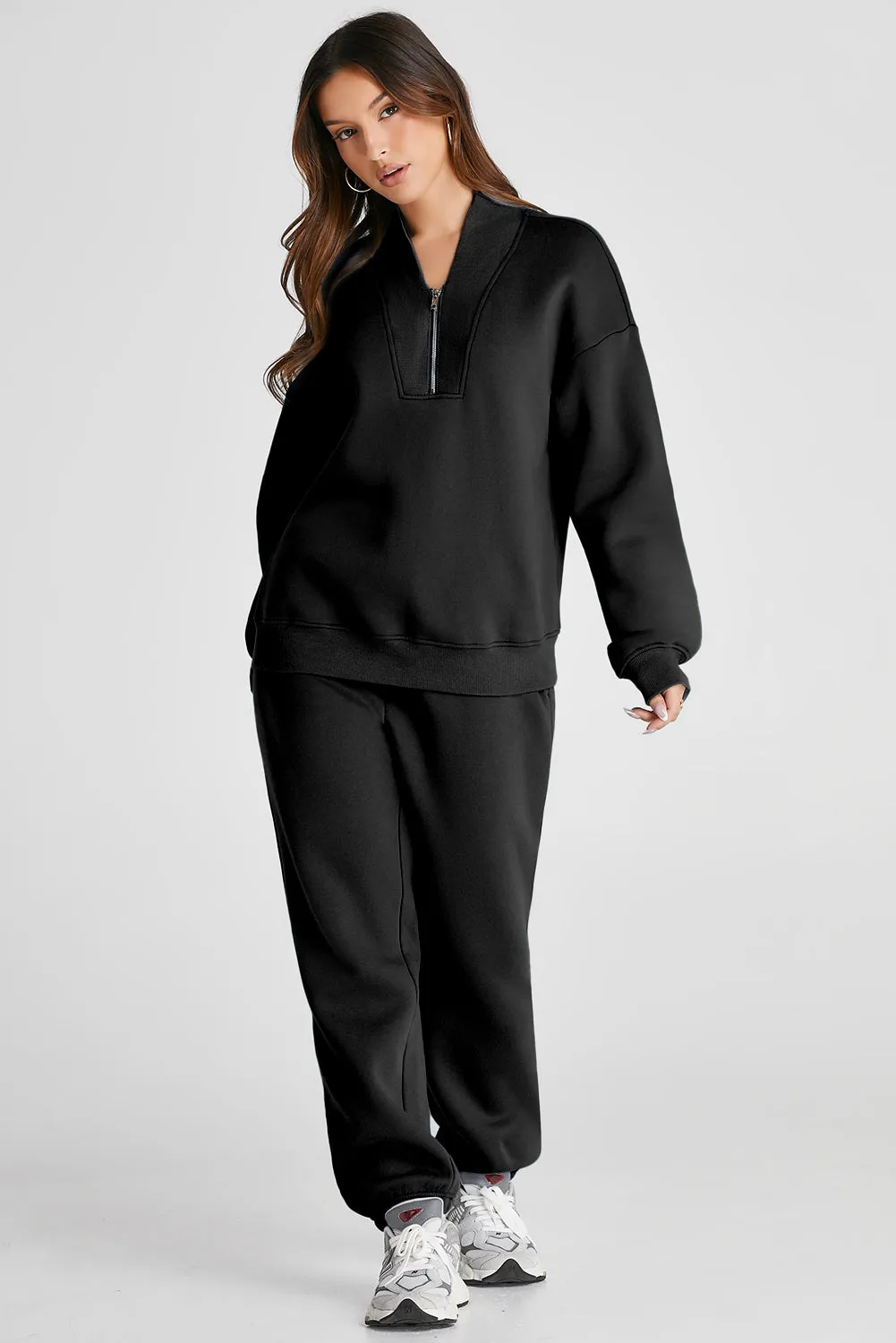 Black Plain Half Zip V Neck Top & Ribbed Edge Loose Pants Sets