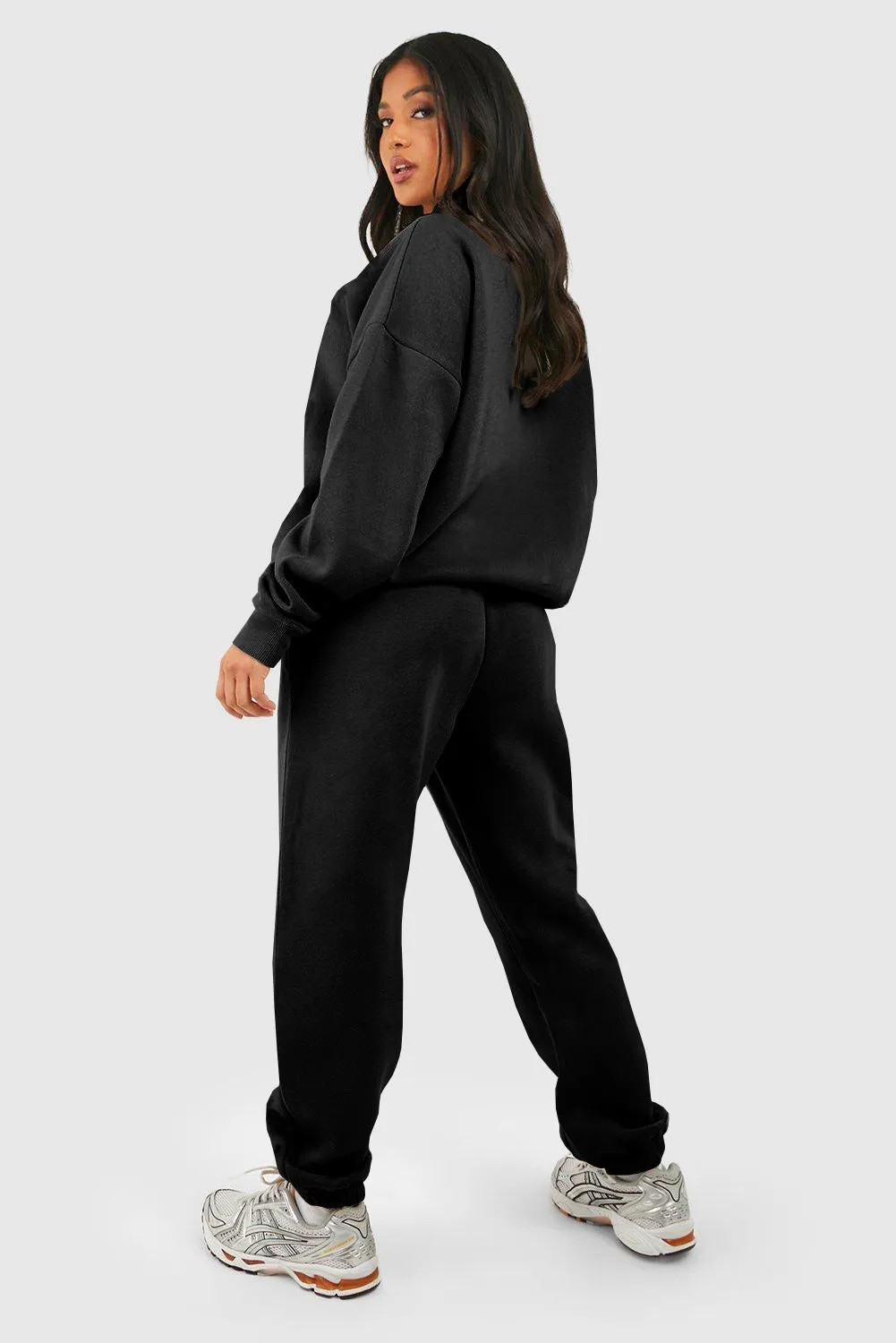 Black Plain Half Zip V Neck Top & Ribbed Edge Loose Pants Sets