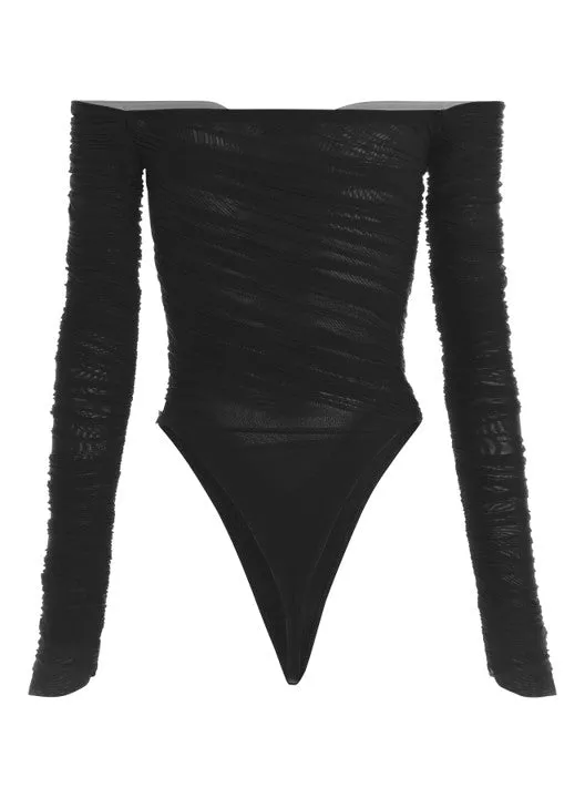 black ruched mesh bodysuit