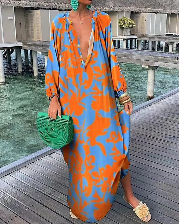 Casual Print Shirt Swing Long Sleeve Dress