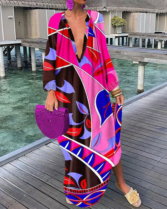 Casual Print Shirt Swing Long Sleeve Dress