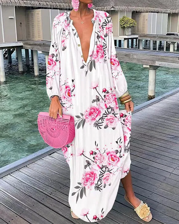 Casual Print Shirt Swing Long Sleeve Dress