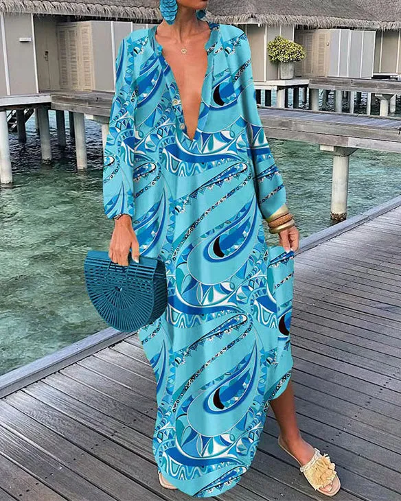 Casual Print Shirt Swing Long Sleeve Dress