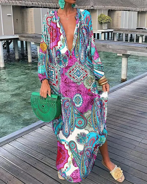 Casual Print Shirt Swing Long Sleeve Dress