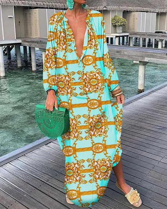Casual Print Shirt Swing Long Sleeve Dress