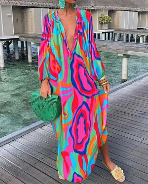 Casual Print Shirt Swing Long Sleeve Dress