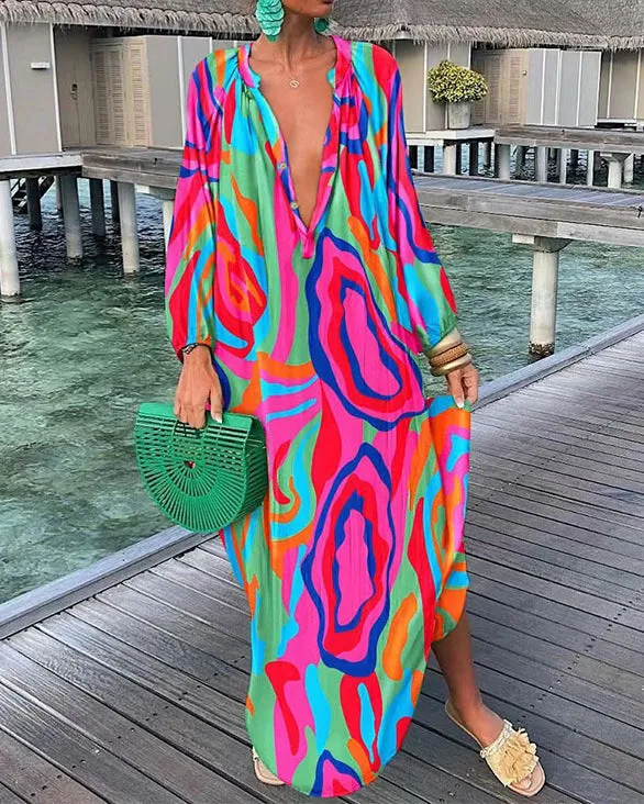 Casual Print Shirt Swing Long Sleeve Dress