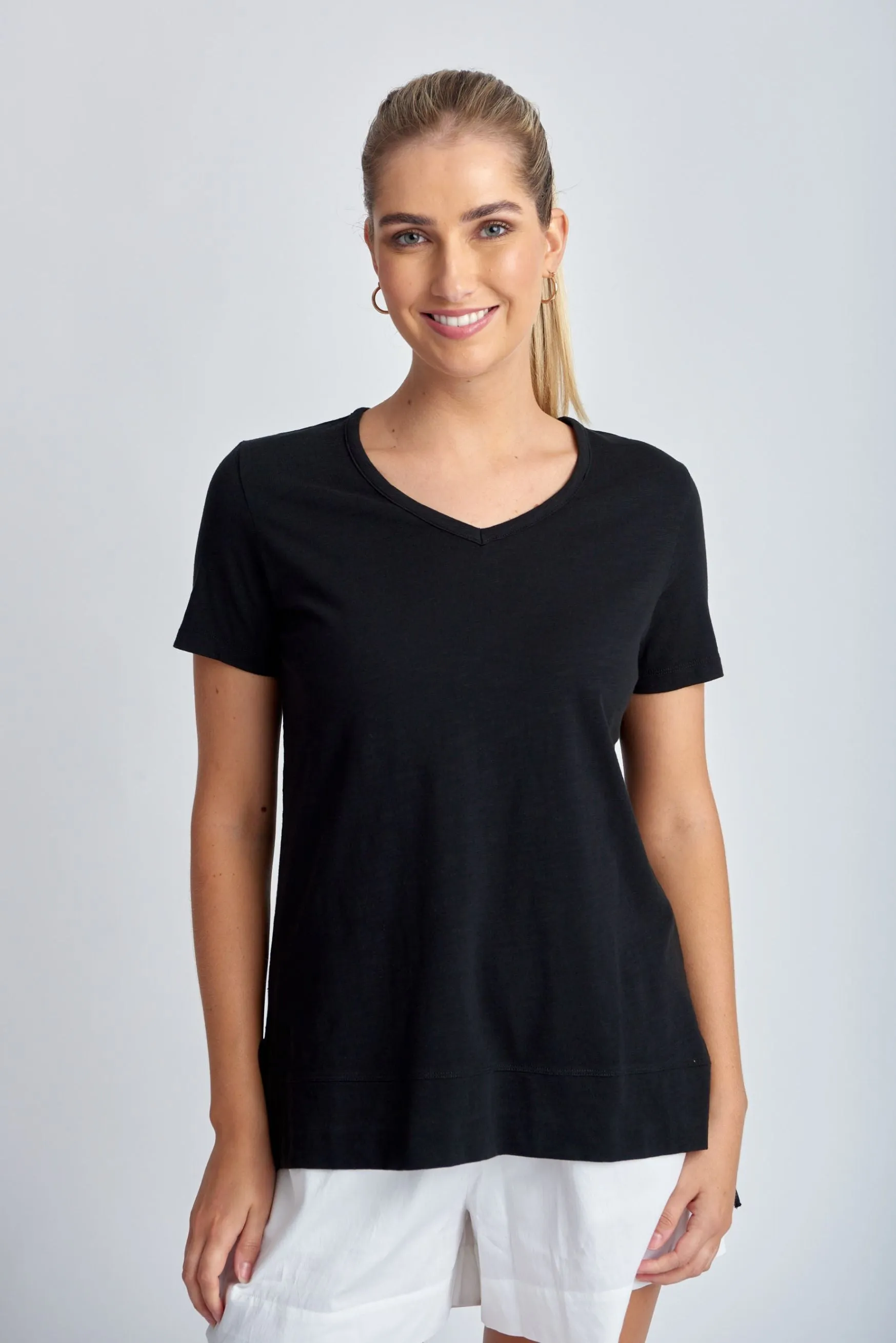 Cotton V Neck Hi Low Hem Tee Black