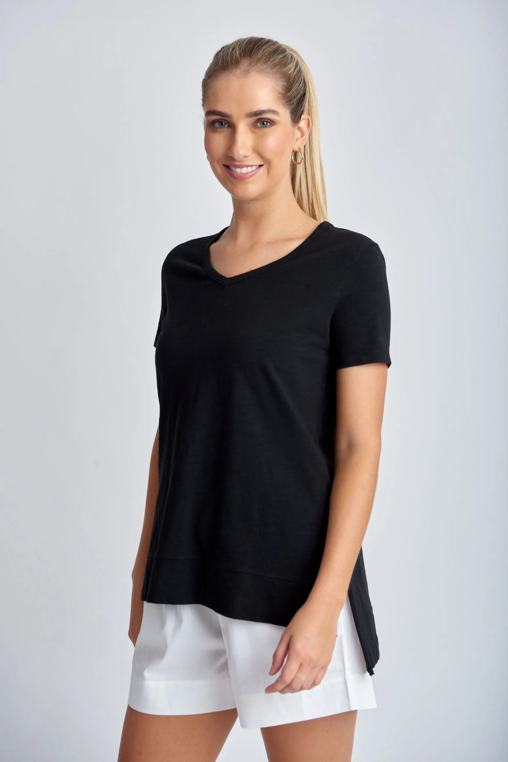 Cotton V Neck Hi Low Hem Tee Black