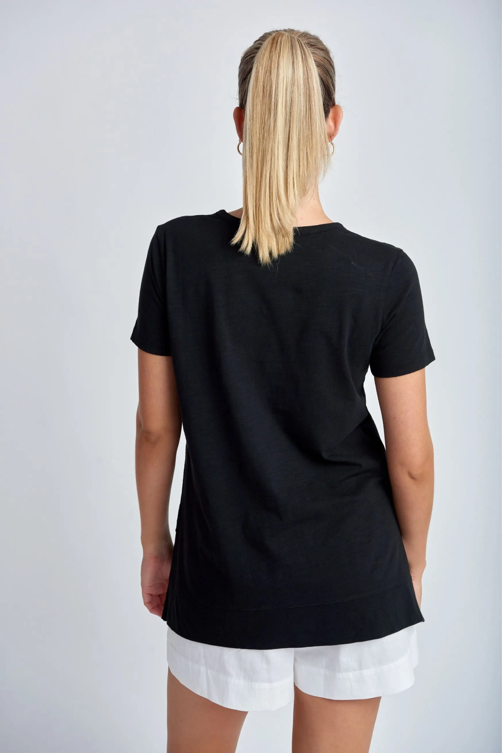 Cotton V Neck Hi Low Hem Tee Black