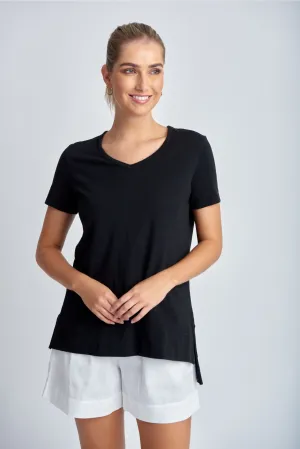Cotton V Neck Hi Low Hem Tee Black