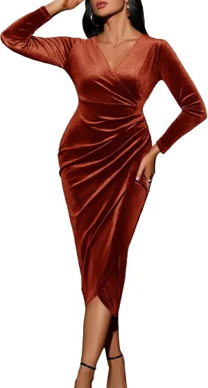 CYCLAMEN Wrap Ruched Velvet Dress V Neck Plus Size Long Sleeves Bodycon Midi Elegant Party Wedding Guest Cocktail