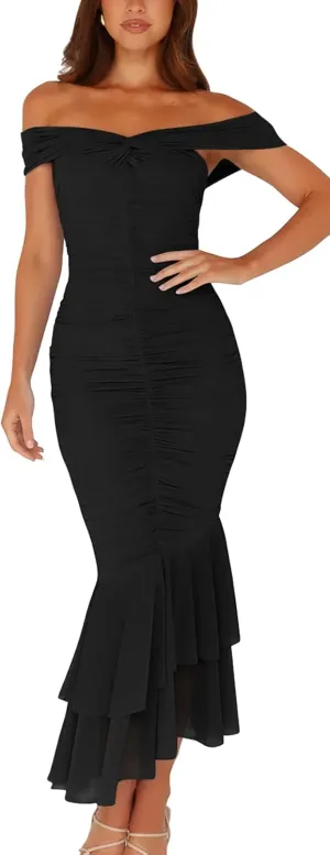 GOBLES Women's Sexy Off The Shoulder Slim Fitting Ruffle Buttom Ruched Bodycon Midi Party Dress