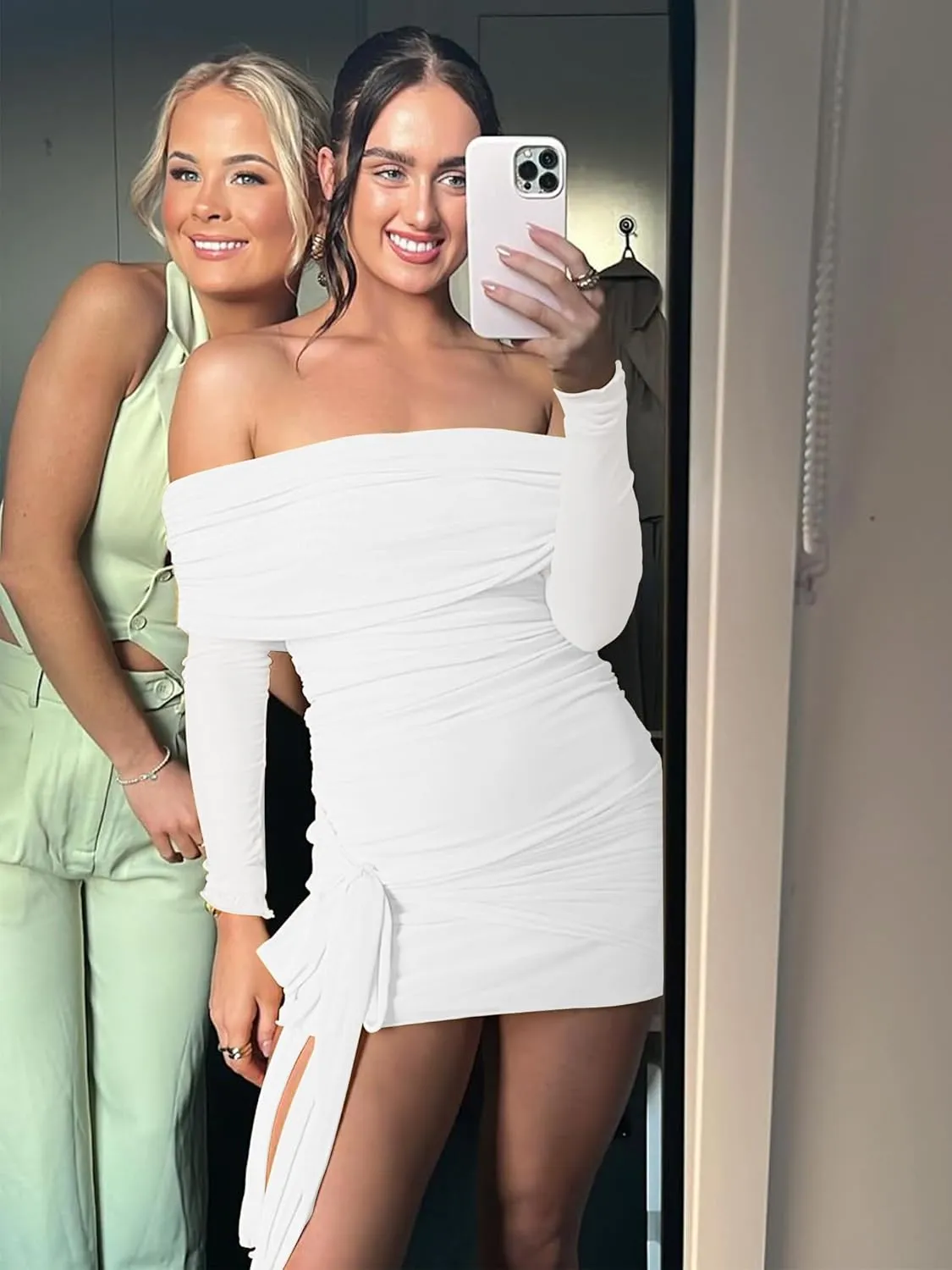 HOCILLE Women's Sexy Off Shoulder Bodycon Mini Dress Mesh Long Sleeve Wrap Tie Waist Ruched Party Dresses