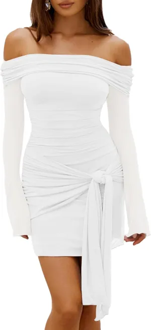 HOCILLE Women's Sexy Off Shoulder Bodycon Mini Dress Mesh Long Sleeve Wrap Tie Waist Ruched Party Dresses