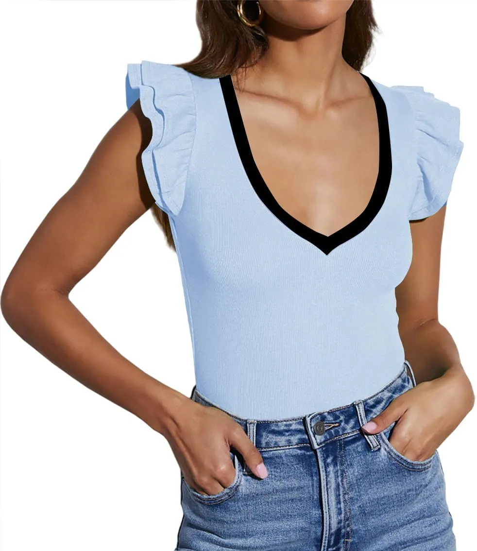 INFITTY Women's V Neck T Shirts Ruffle Sleeve Tops Dressy Sexy Sleeveless Slim Fitted Ribbed Tank Top Summer 2025