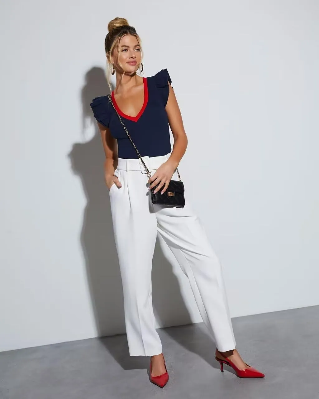 INFITTY Women's V Neck T Shirts Ruffle Sleeve Tops Dressy Sexy Sleeveless Slim Fitted Ribbed Tank Top Summer 2025