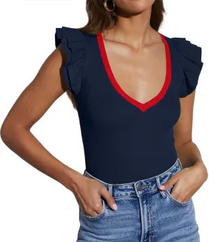 INFITTY Women's V Neck T Shirts Ruffle Sleeve Tops Dressy Sexy Sleeveless Slim Fitted Ribbed Tank Top Summer 2025