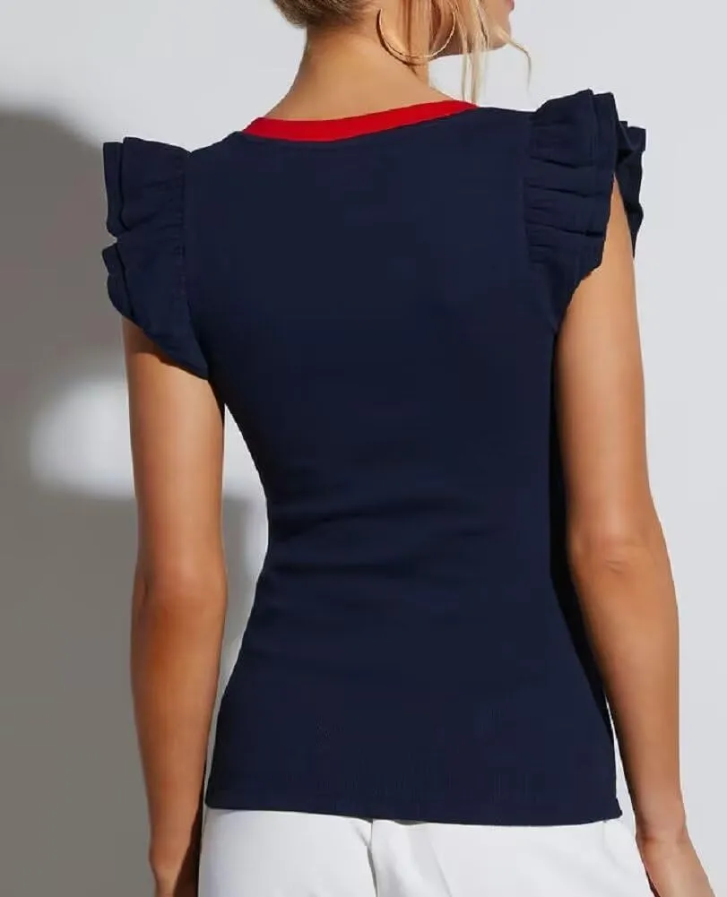 INFITTY Women's V Neck T Shirts Ruffle Sleeve Tops Dressy Sexy Sleeveless Slim Fitted Ribbed Tank Top Summer 2025