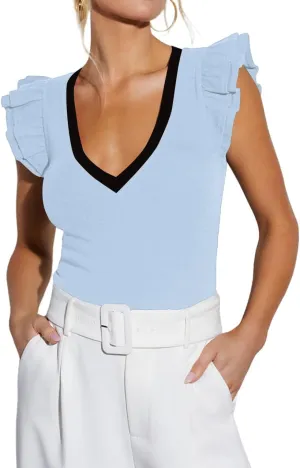 INFITTY Women's V Neck T Shirts Ruffle Sleeve Tops Dressy Sexy Sleeveless Slim Fitted Ribbed Tank Top Summer 2025
