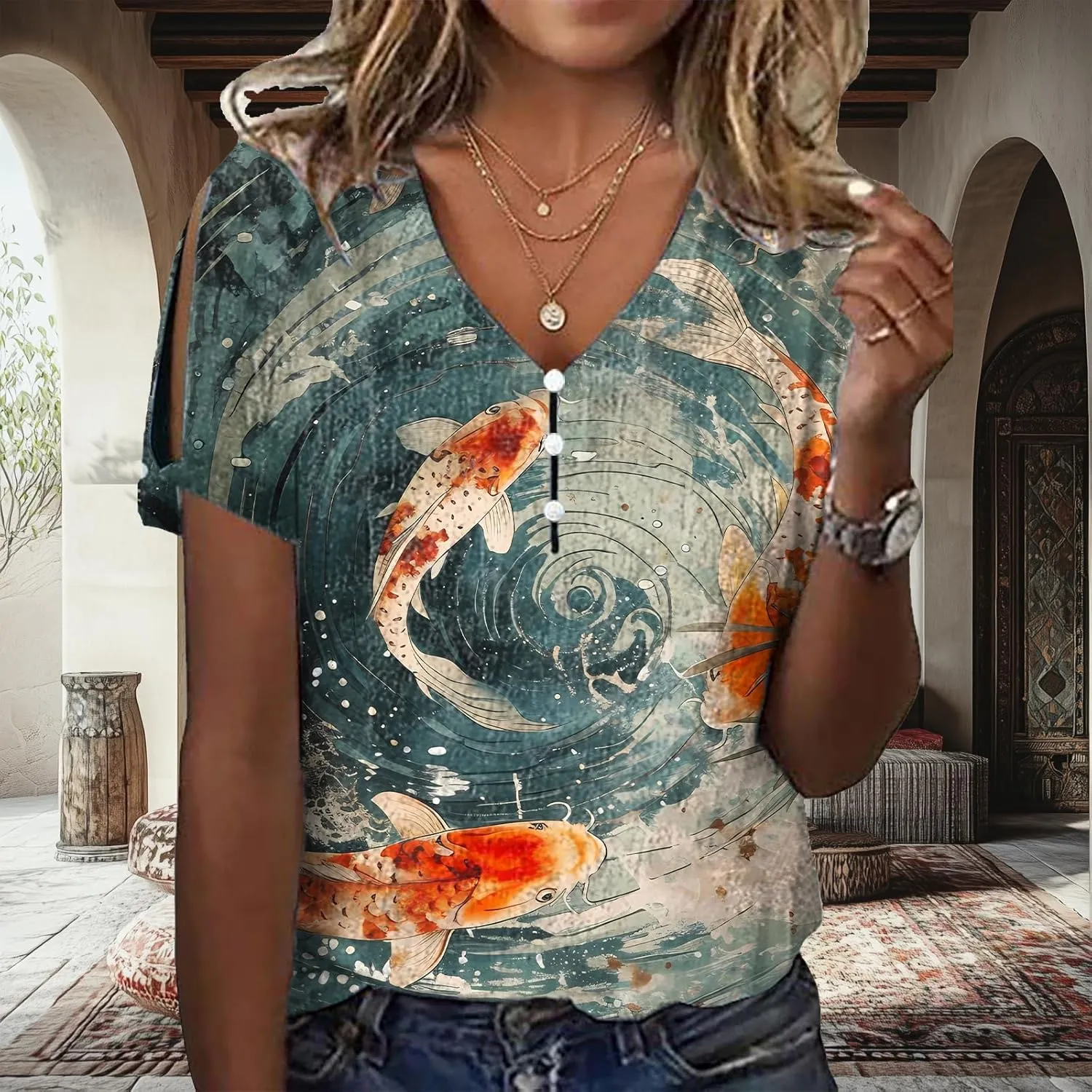 Japanese Art Tops for Women Wave Print Short Sleeve V Neck Cold Shoulder Casual 2025 Summer Trendy Ladies Tee Shirt