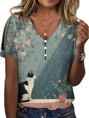 Japanese Art Tops for Women Wave Print Short Sleeve V Neck Cold Shoulder Casual 2025 Summer Trendy Ladies Tee Shirt