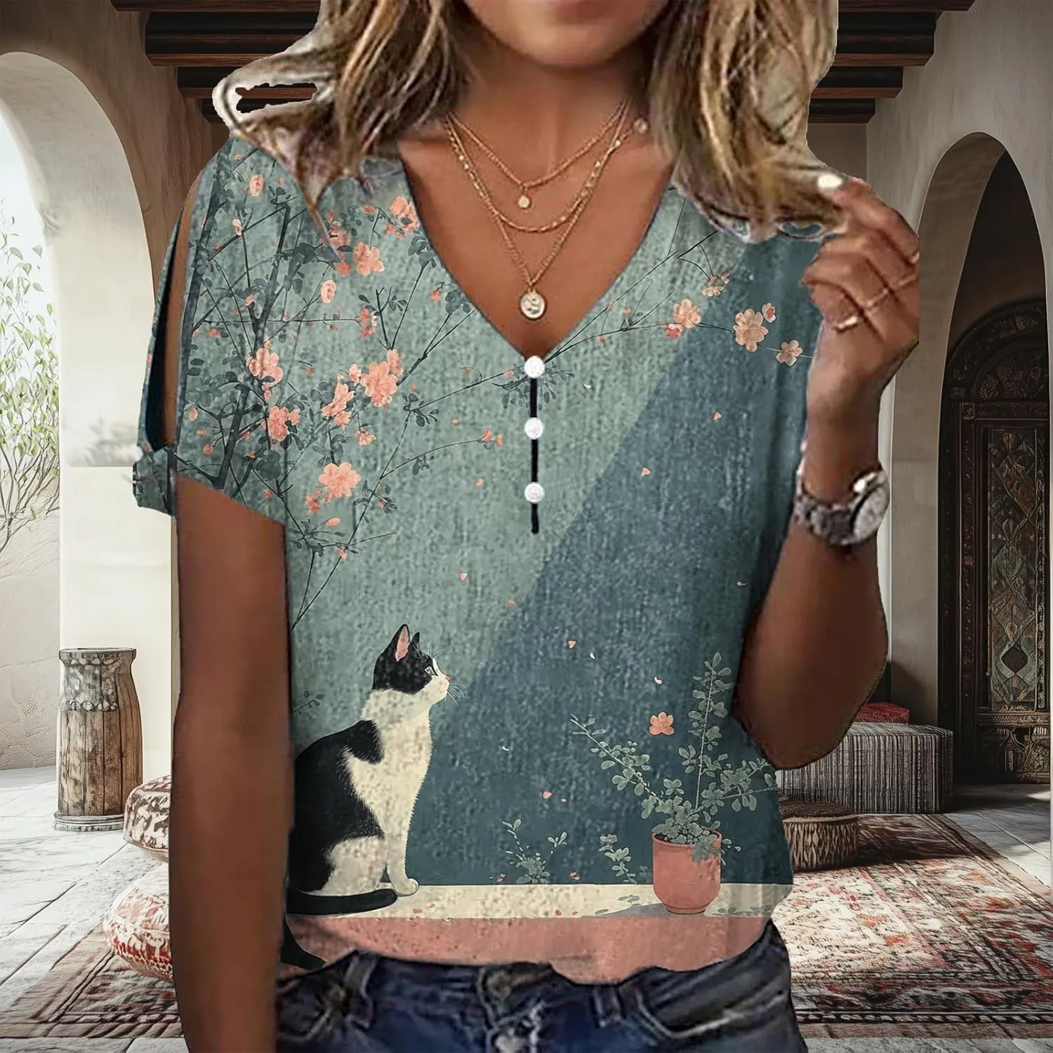 Japanese Art Tops for Women Wave Print Short Sleeve V Neck Cold Shoulder Casual 2025 Summer Trendy Ladies Tee Shirt